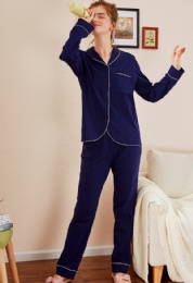 2020 Autumn New Bamboo Fiber V-neck Long-sleeved Trousers Couple Ladies Pajamas Set
